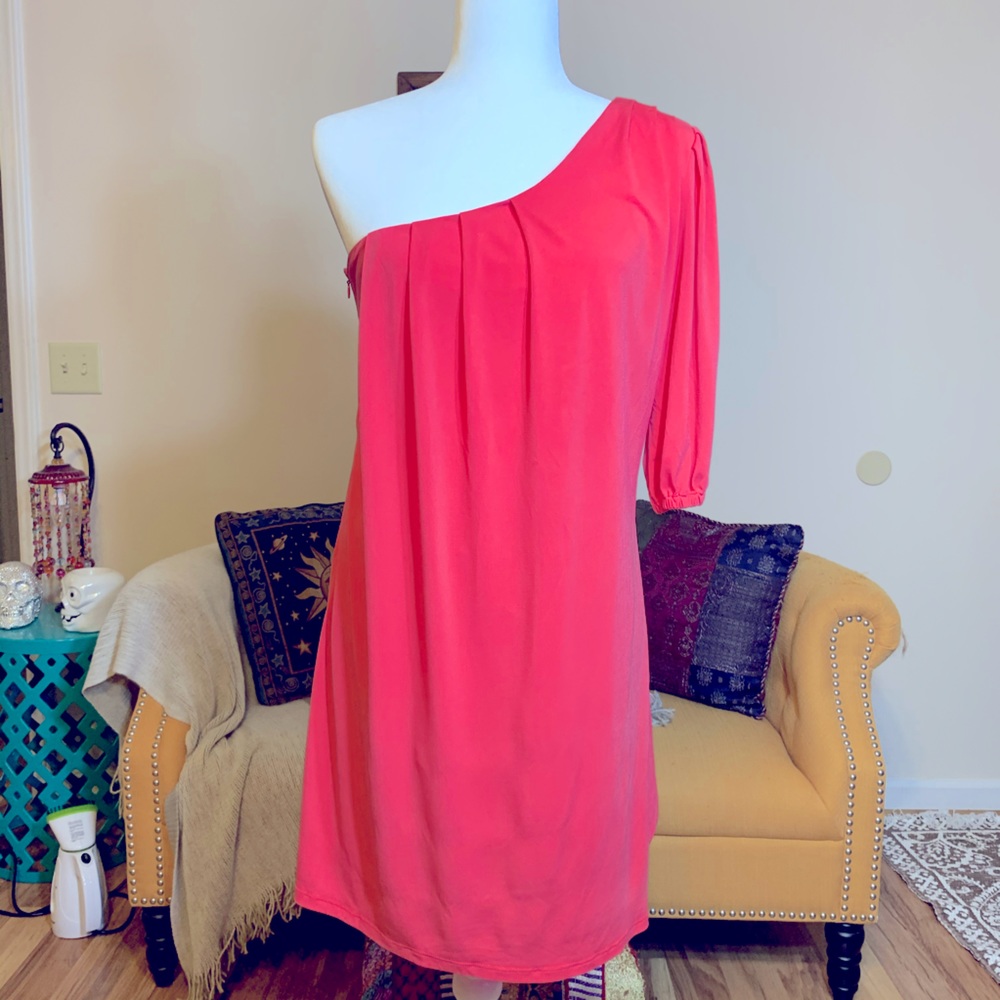 One Shoulder Pink Half Sleeve Chiffon Dress small
